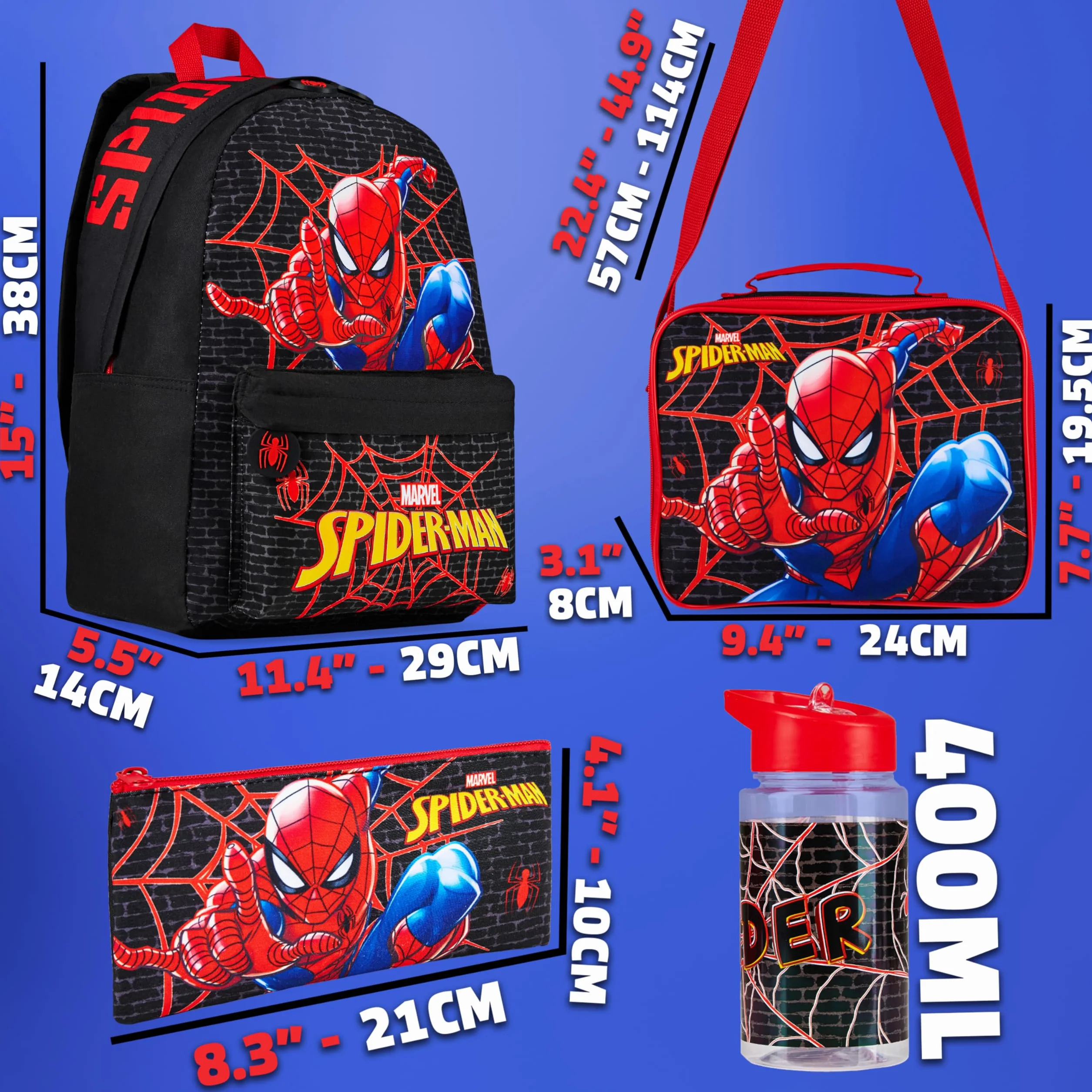 Marvel Spiderman Zainetto Bambino Set 4 Pz Borraccia 400ml Astuccio Isolato Borsa Portapranzo Accessori Scuola Viaggio Vacanza