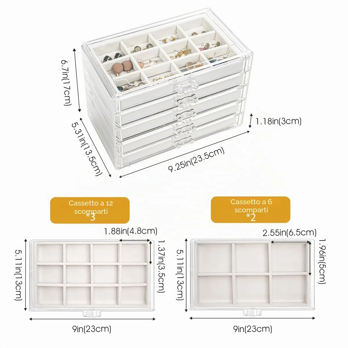 ProCase Organizer per gioielli in acrilico, trasparente per gioielli, con 5 cassetti, orecchini, collane, anelli, organizer per la casa -Bianco caldo