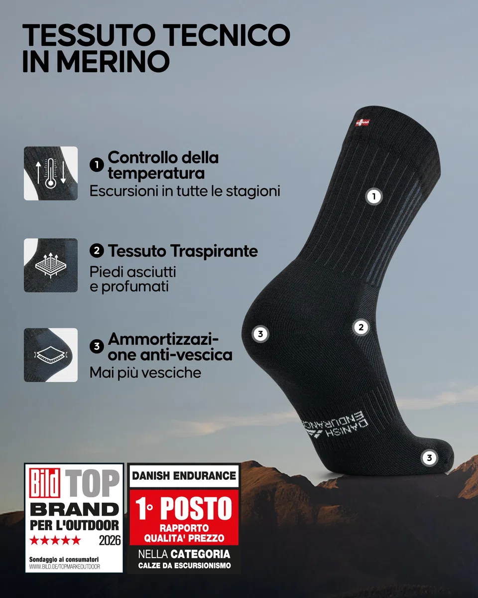 DANISH ENDURANCE 2 paia di calzini da trekking in lana merino premium, anti-vesciche, da uomo e da donna