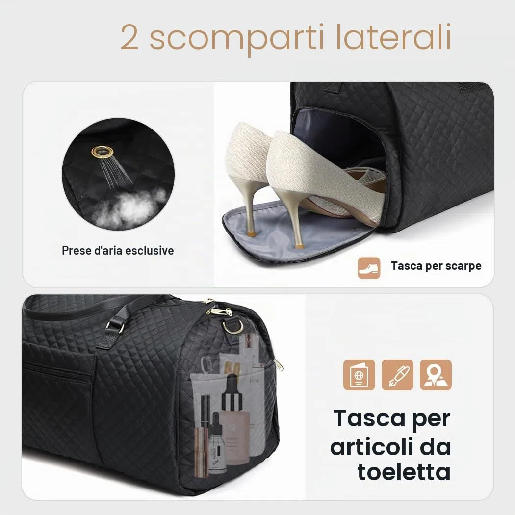 Lekeinchi 2 in 1 Porta Abiti da Viaggio Donna, Impermeabile Borsa da Viaggio Porta Abiti Pieghevole con 6 Cubi da imballaggio e Porta Scarpe, Travel Bag Borsone Uomo for Palestra, Vacanze, Nero