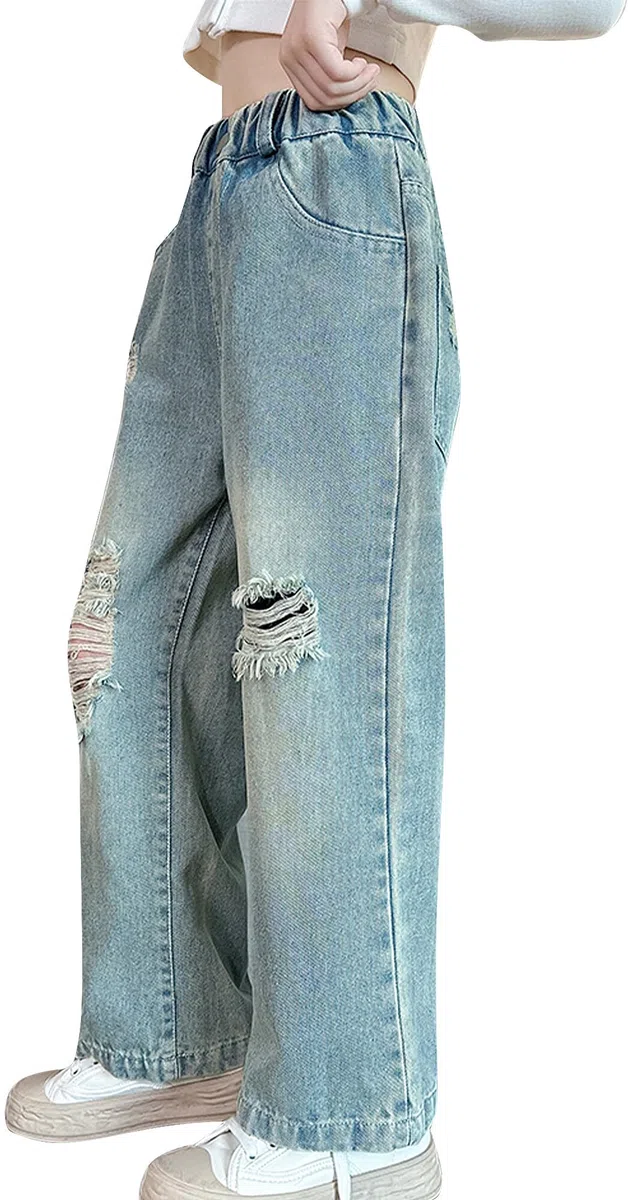 Happy Cherry Jeans Larghi Bambina Pantaloni Lunghi in Denim all Moda Pantaloni Strappati Vita Alta Elasticizzata con Tasche per Ragazze 5-15 Anni