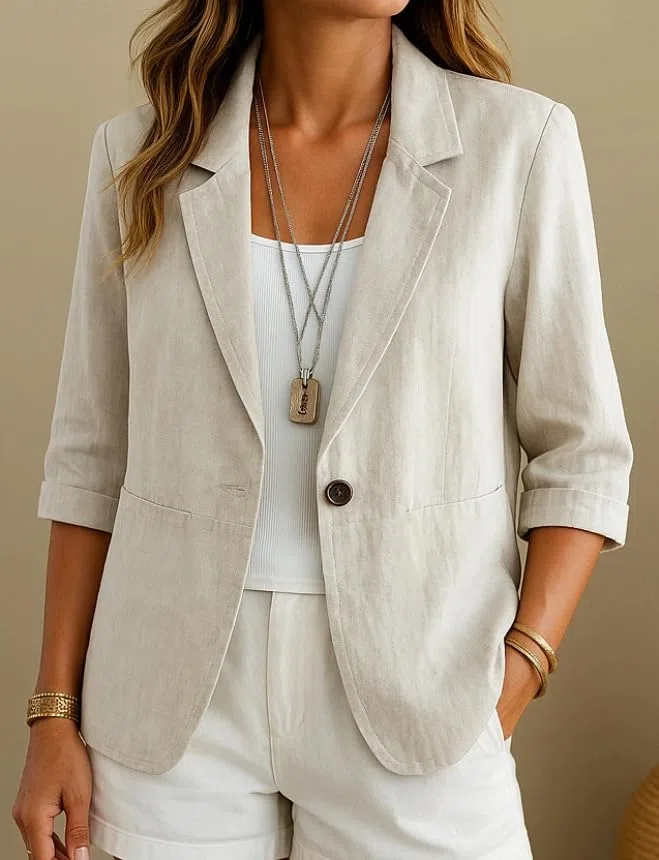 Blazer per Le Donne Completo da Donna in Lino E Cotone Cardigan Aperto sul Davanti Maniche A 3/4 Casual da Lavoro da Ufficio Elegante Leggero Estivo con Tasche A Filetto Singole