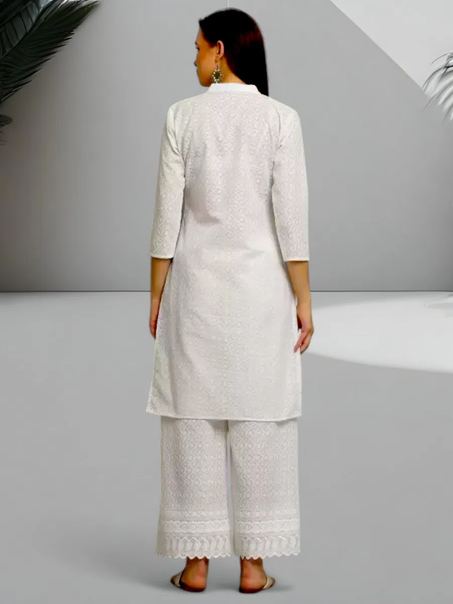 RangMahal - Set da donna in cotone indiano fatto a mano Lucknowi Chikankari Kurta Palazzo tradizionale