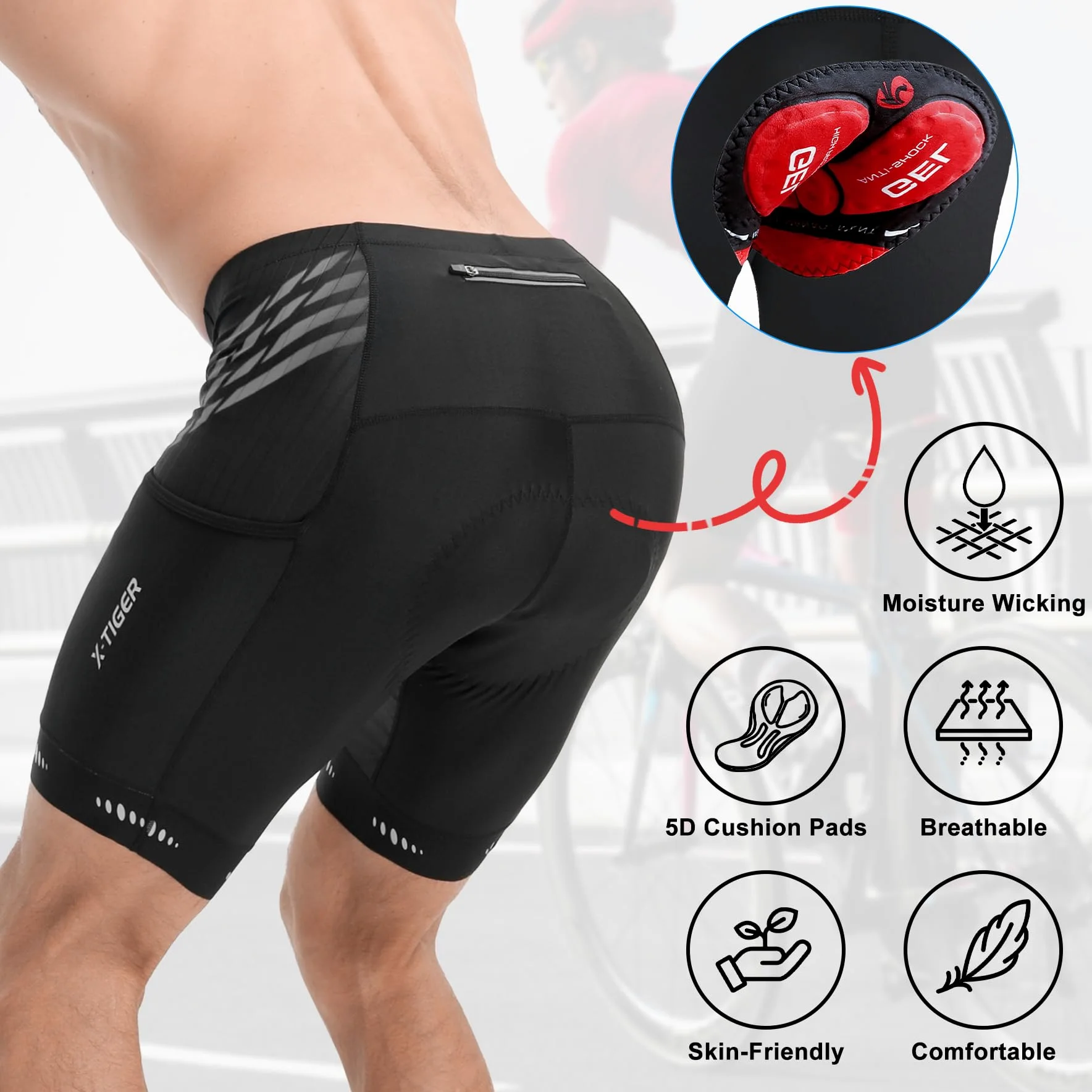 X-TIGER Pantaloncini Clismo Uomo mit 5D Gel Imbottito Pantaloni Bici MTB Traspiranti Asciugatura Rapida con 3 Tasche
