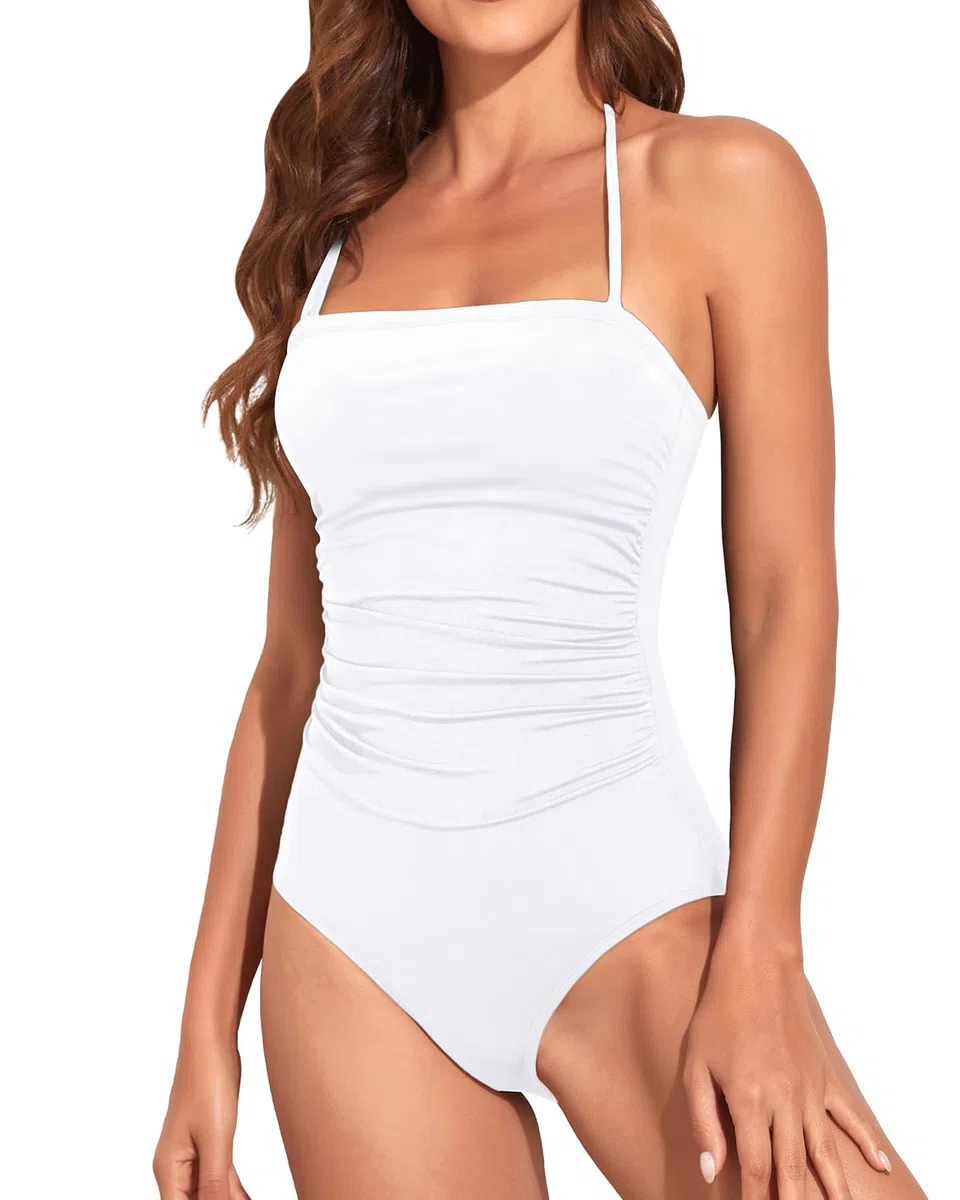 Holipick Costume da bagno da donna intero, senza spalline, a fascia, modellante sulla pancia, a effetto snellente, possibilità di allacciarlo al collo