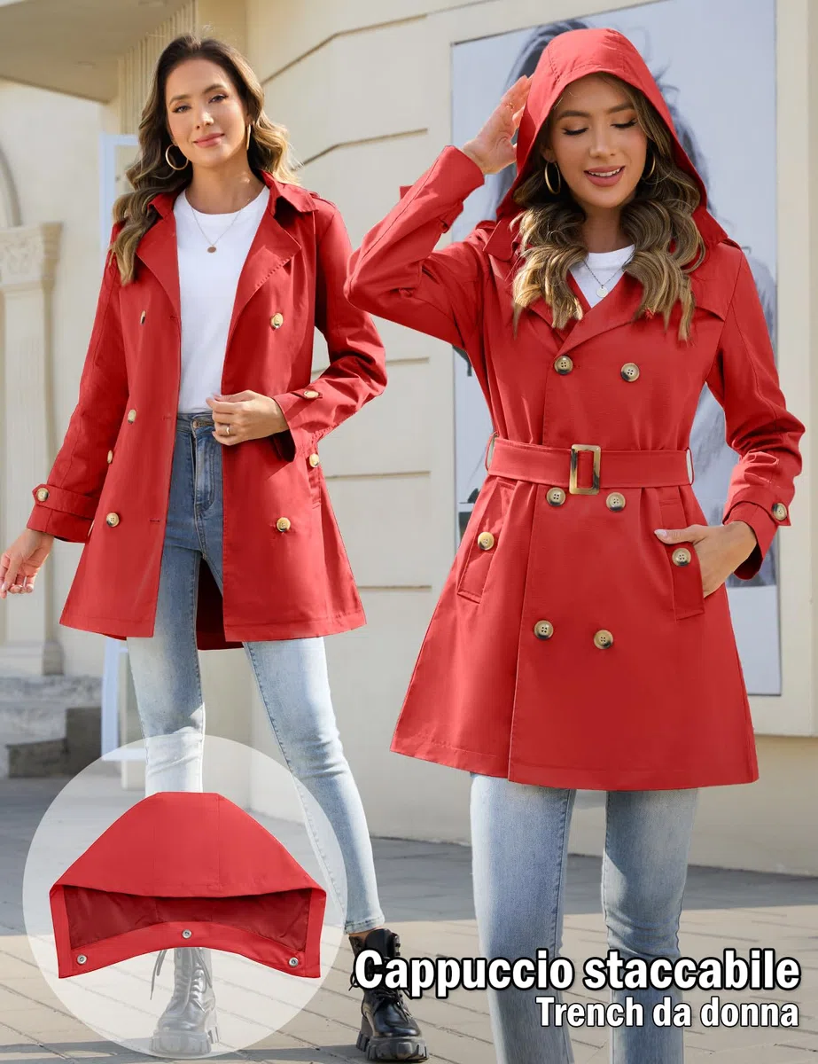 Yuson Girl Trench Donna Doppiopetto Cappotto Classico Trench Impermeabile con Cappuccio Leggero Parka Windbreaker Giacche Primaverile Autunnale Antivento Trenchcoat con Cintura
