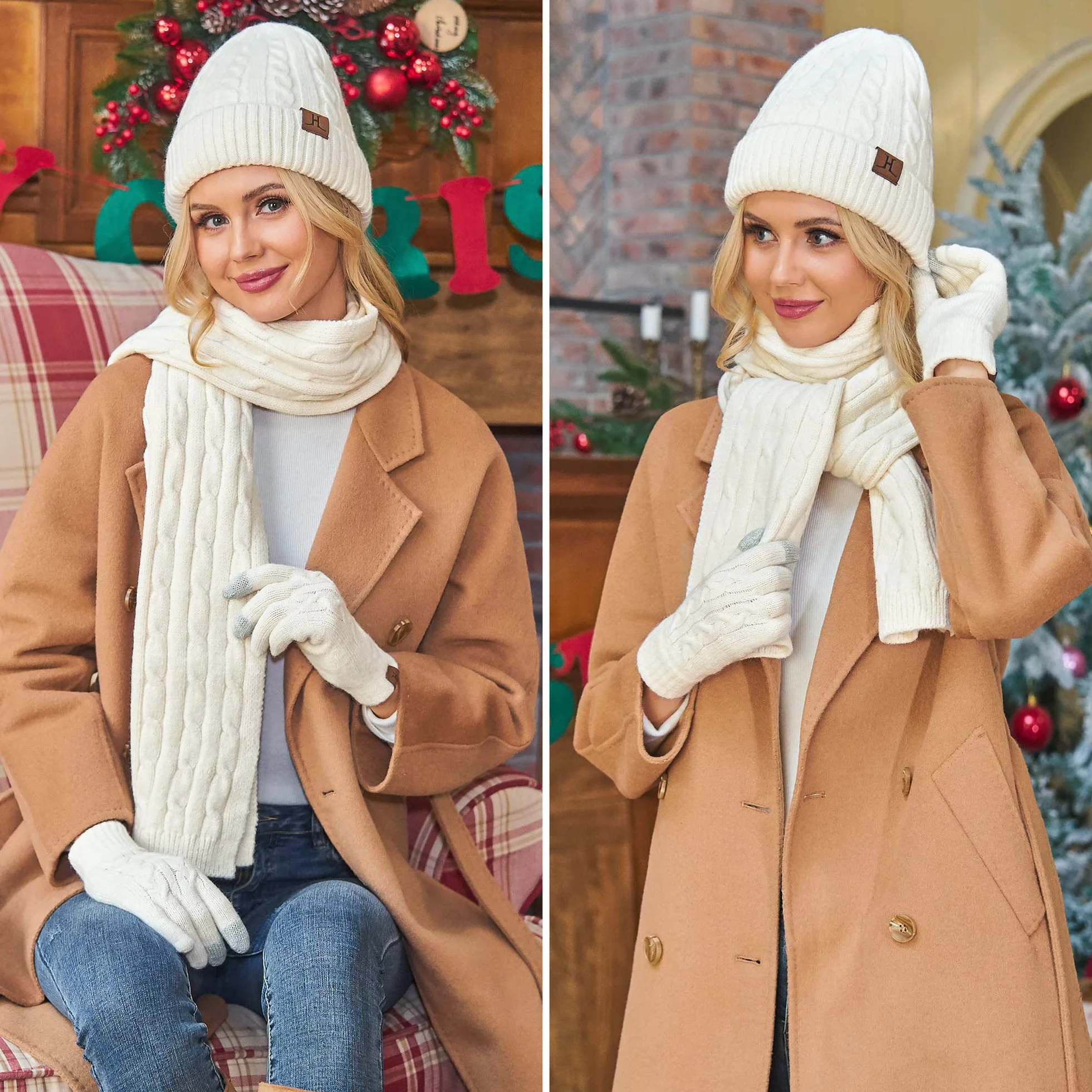 ZASFOU Donna Cappello Invernale Sciarpa Guanti Touch Screen Set Caldo Pile Foderati in Maglia Berretto Cappelli Sciarpe Lunghe Guanto Regalo per Donna Compleanno Natale