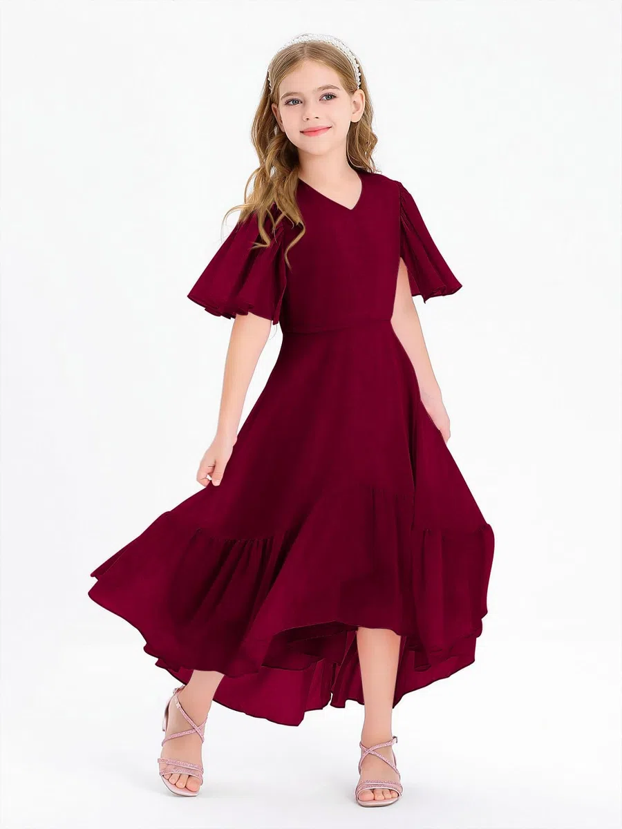 Haloumoning Abito estivo da ragazza, con scollo a V, con volant, casual, a linea, flowy, alto, basso, lungo, elegante, abito da sera lungo