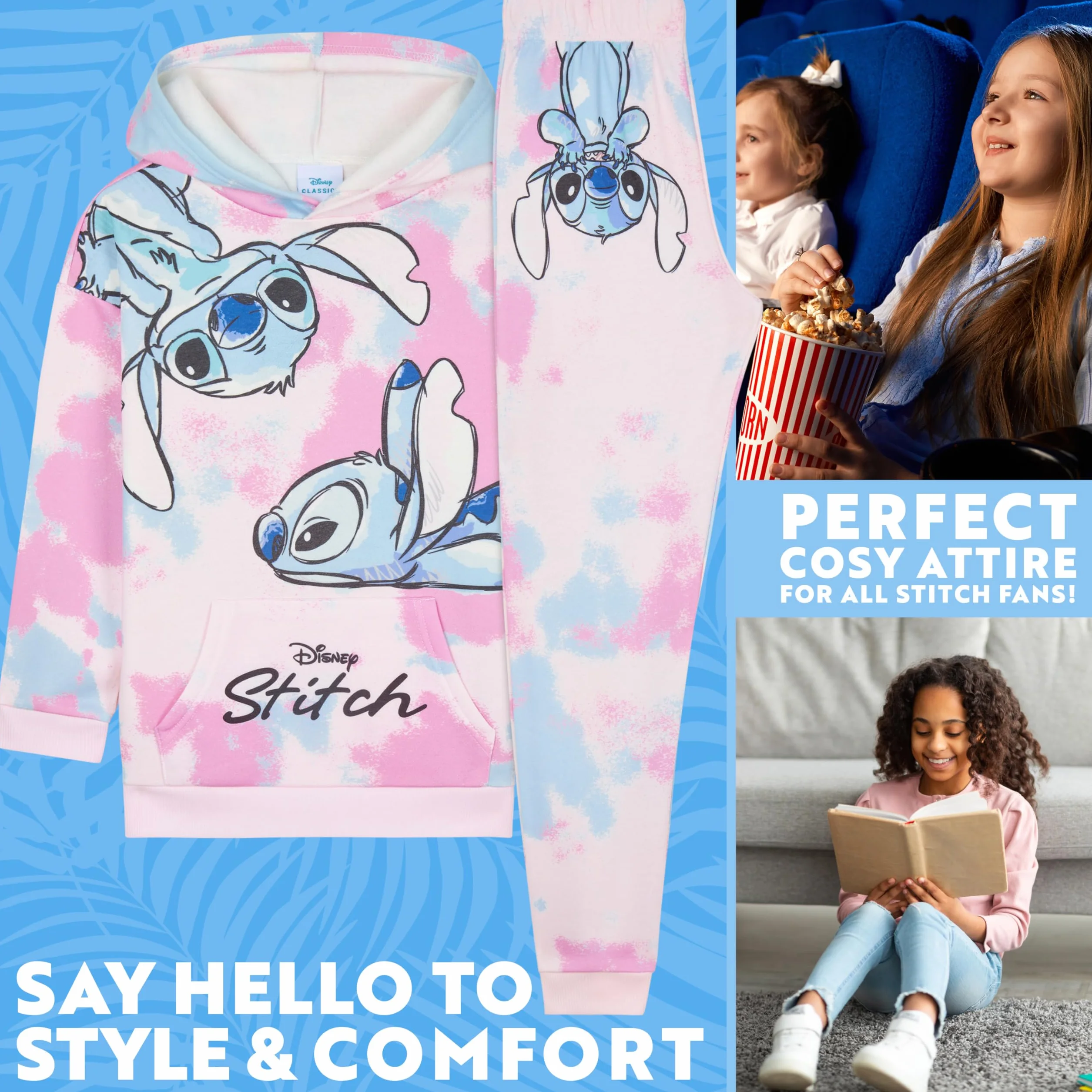 Disney Stitch Tute Bambina e Adolescente Felpa con Cappuccio Pantaloni 2 Pz Tie Dye Abbigliamento da Casa Set Regalo Ragazza