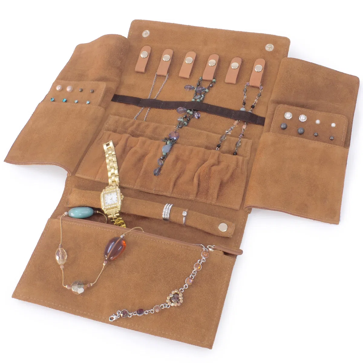 Catwalk Collection Handbags - Rotolo Portagioie Pelle Camoscio - Custodia Gioielli Viaggio Media/Grande - Confezione Regalo - Chanelle Marrone Chiaro