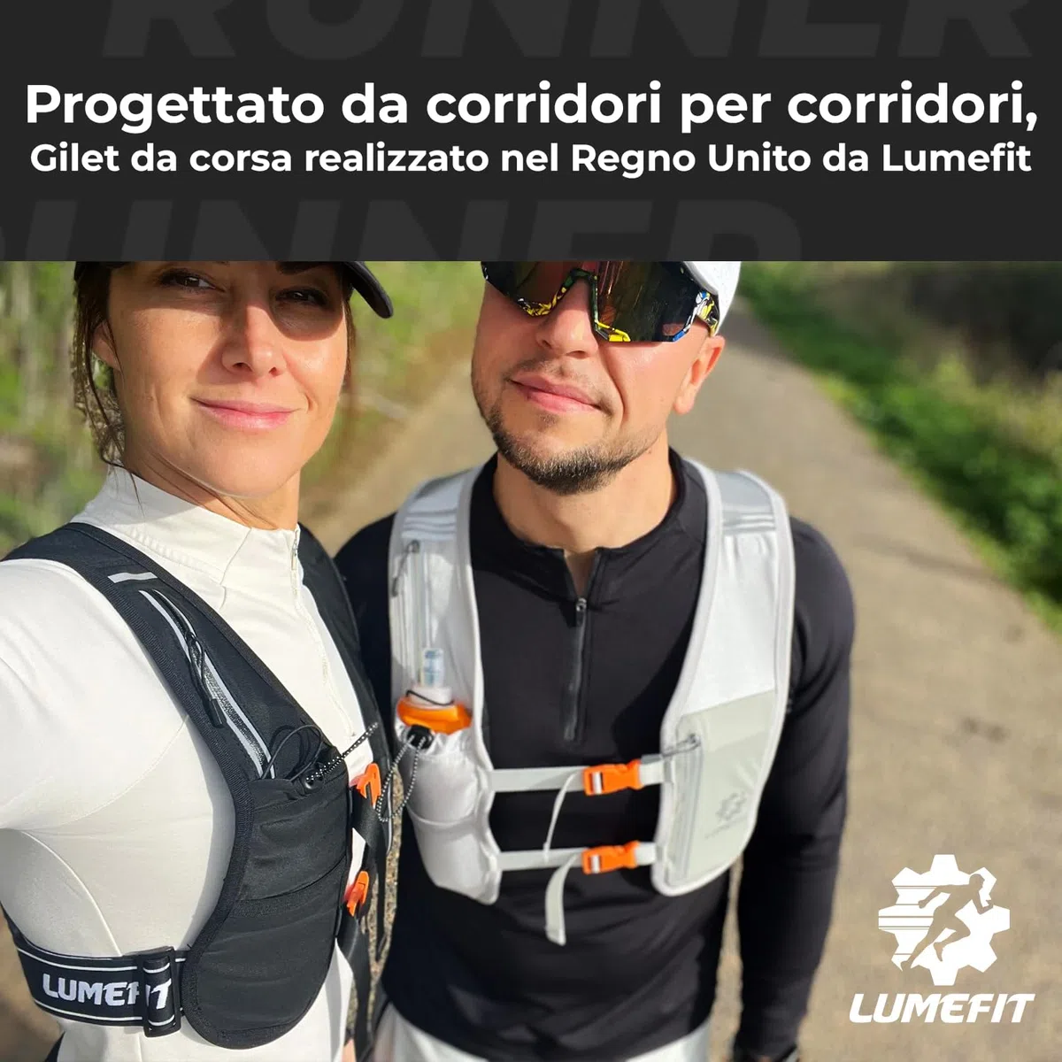 LUMEFIT Gilet Running Riflettente con Bottiglia d'Acqua 500 ml, Gilet da Corsa Traspirante Uomo Donna, Tasche Multiple e Cintura Regolabile, Running Vest per Ciclismo, Escursionismo, Trekking, Trail