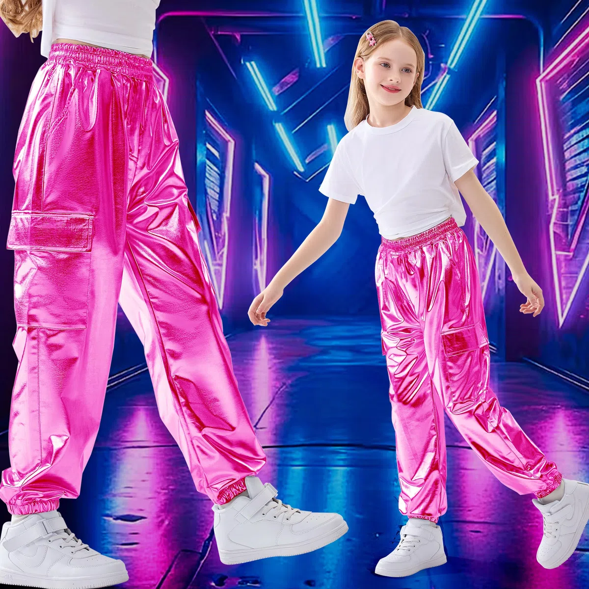 Rolanko Ragazze Pantaloni Cargo Metallizzati, Hip Hop da Ballo Streetwear con Vita Elastica per Bambini