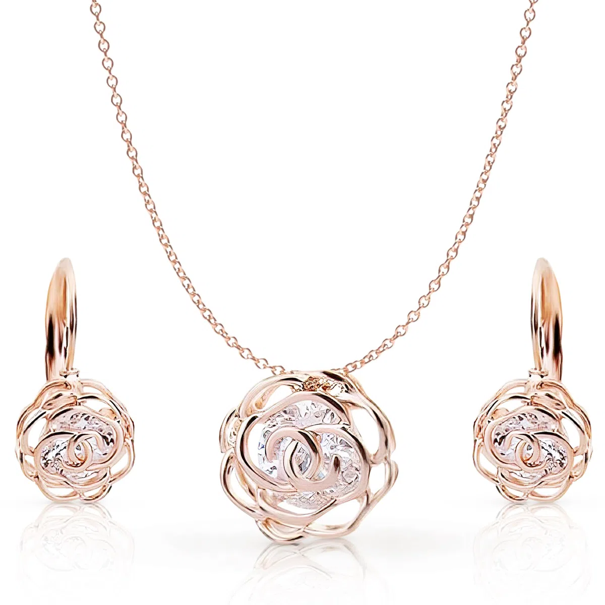 Crystalline Azuria Donna 18ct Placcato Oro Bianco Fiori Rose Cristalli Parure Collana con Ciondolo 45 cm Orecchini Monachella