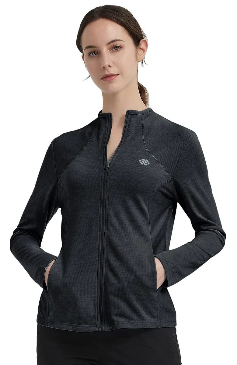 MoFiz Donna Giacca Leggera Manica Lunga Traspirante Slim Felpa Sportiva Senza Cappuccio Zip Intera Top da Tuta per Corsa Training Escursionismo con Tasche Grigio Scuro 3XL
