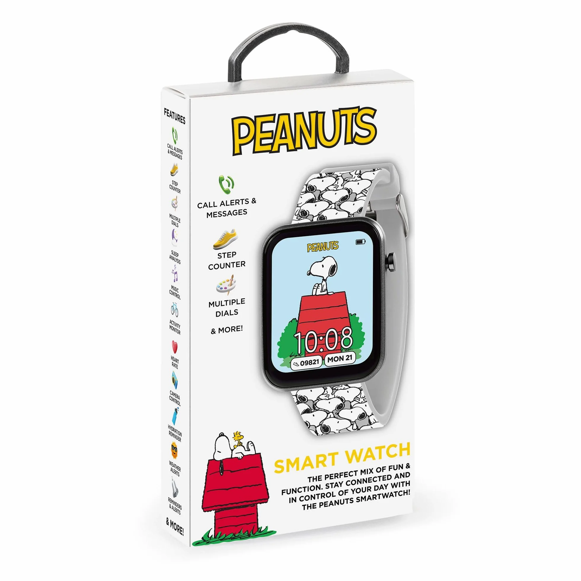 Accutime - Orologio intelligente interattivo Peanuts Snoopy per bambini con cinturino stampato bianco
