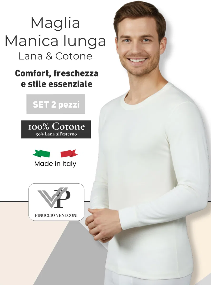 VP PINUCCIO VENEGONI Set 2 Magliette Uomo Lana e Cotone 100% Manica Lunga Termica Bianca
