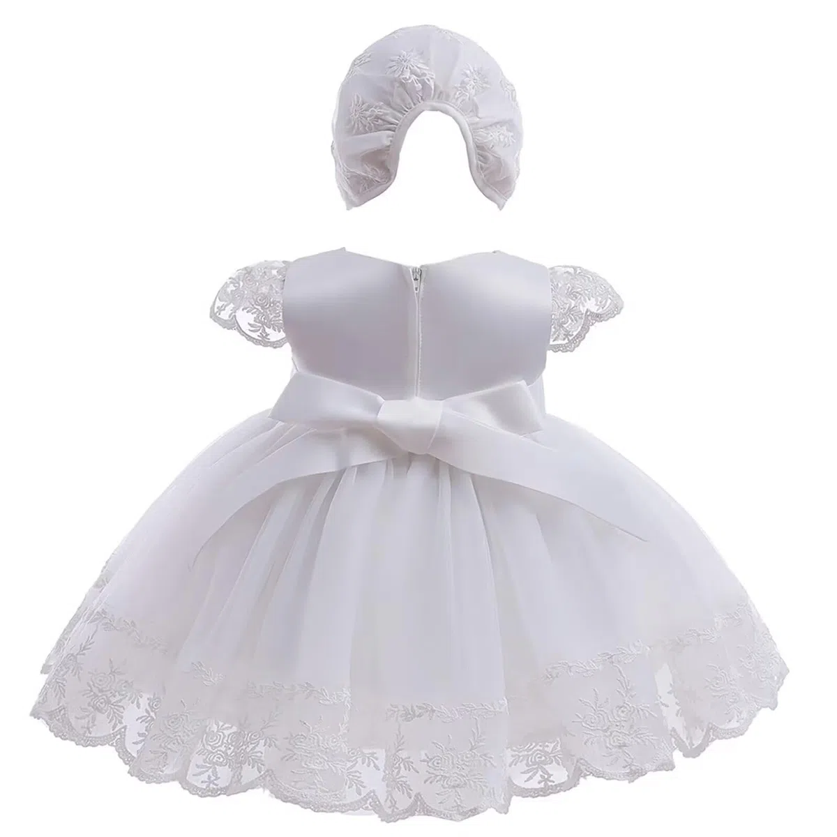 Bambine Abito da Battesimo Bianco con Cappellino Abito da Battesimo Neonato Abito in Pizzo per Matrimonio Compleanno