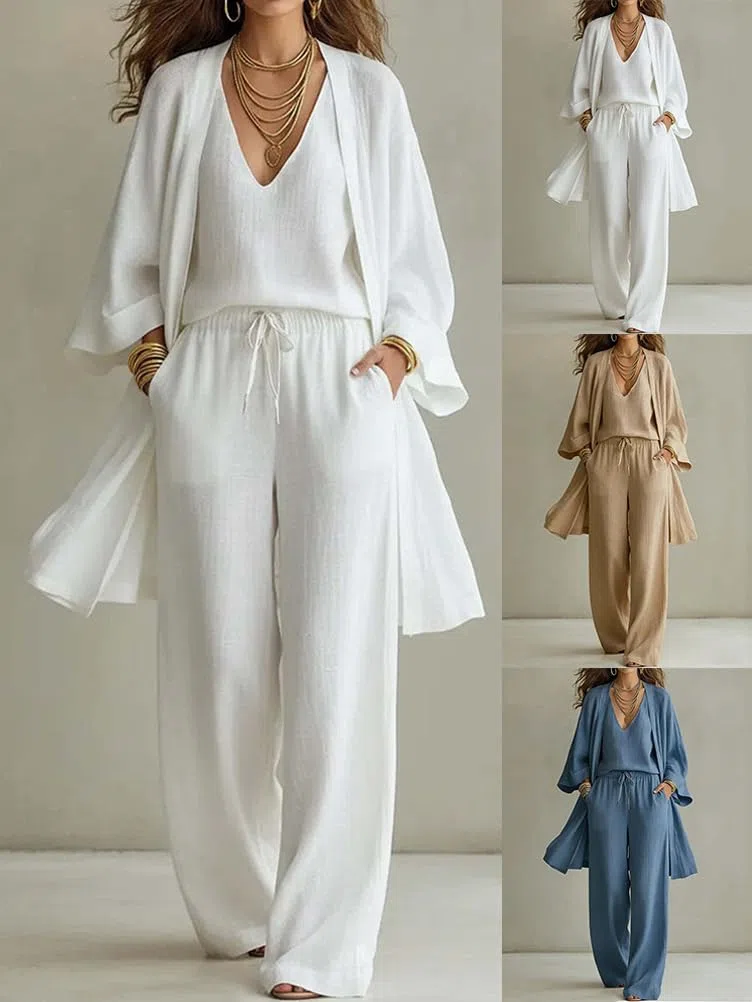 shownicer Completo Donna Estivo Lino Tuta Tre Pezzi Set Manica Lunga Curvy Completo in Lino