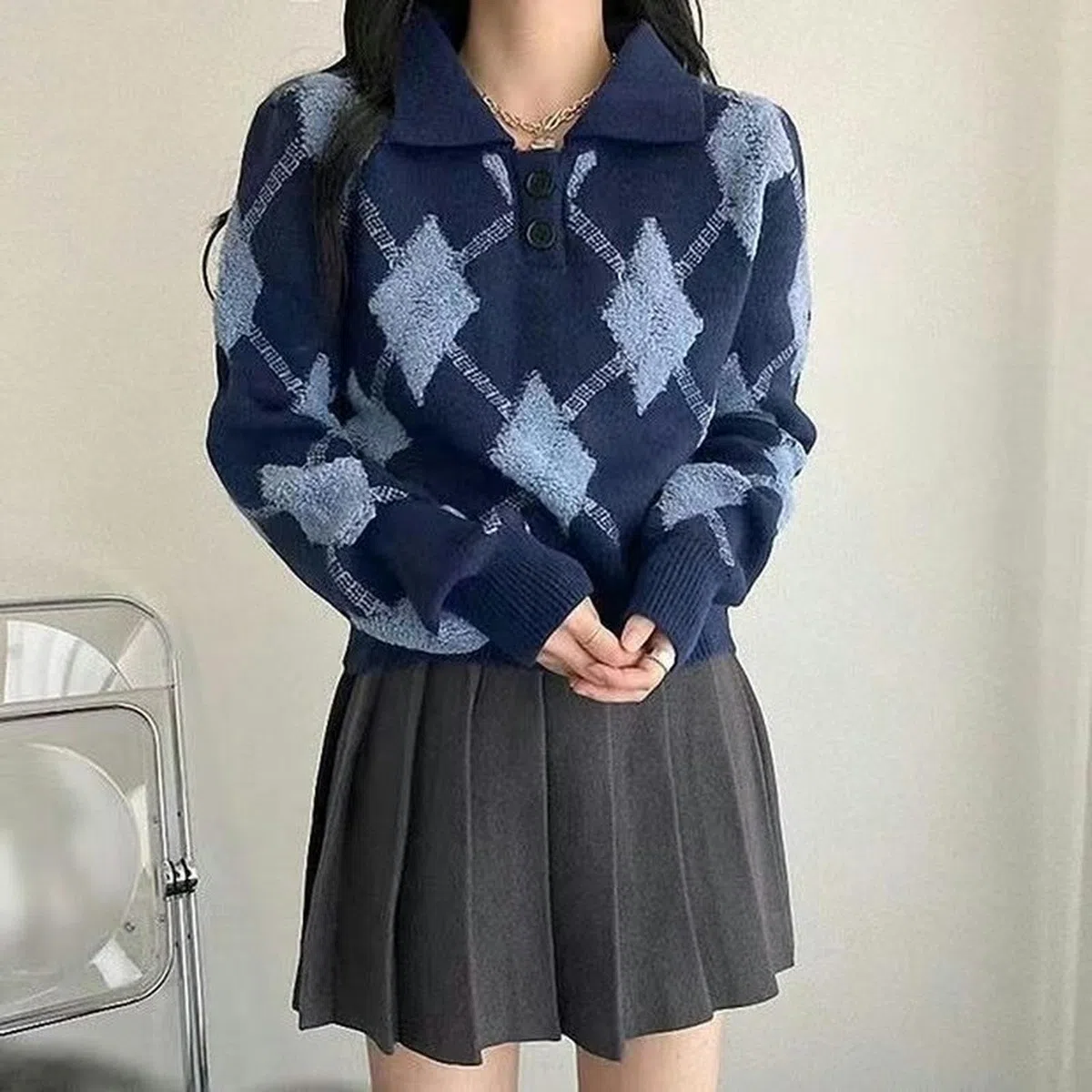 WEITING Maglione con Stampa a Rombi Stile Coreano Donna Preppy Blu Colletto Polo Moda Maglione Lavorato a Maglia Donna Autunno Inverno Pullover-Shenlan-S