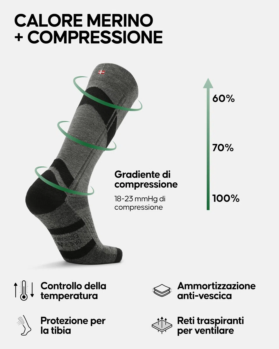 DANISH ENDURANCE Calze Sci Lana Merino Compressione Graduata 15-24 mmHg, Calzini Termici Imbottiti, Alte Prestazioni, Uomo e Donna