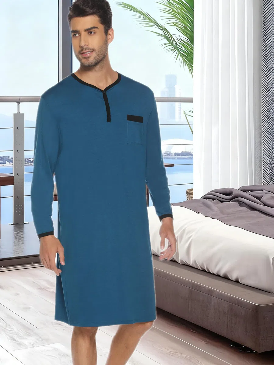 Maglie Pigiama Uomo Maniche Lunghe Abbigliamento da Notte Cotone Camicie Lunghe per Dormire