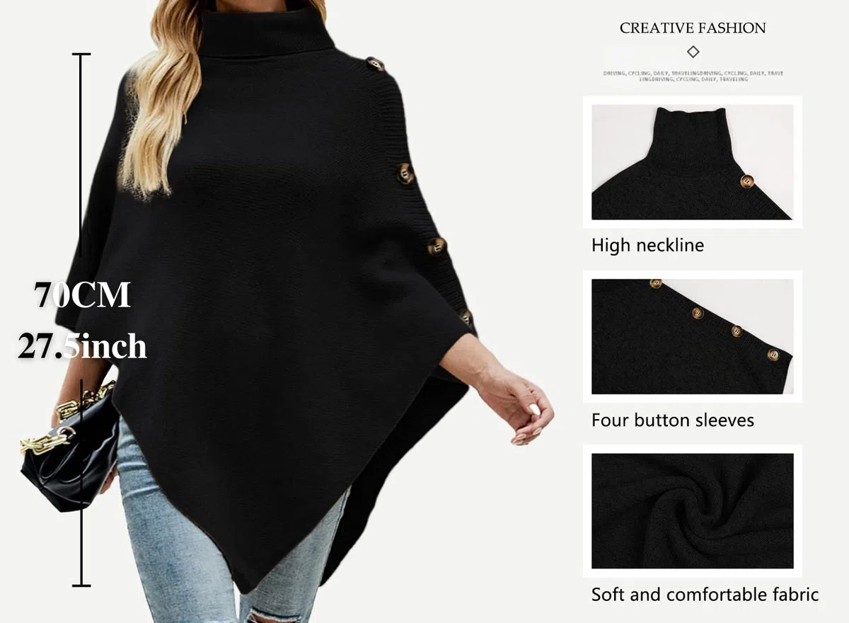JFAN Maglia Donna Invernale Poncho a Collo Alto Quattro Bottoni Elegante