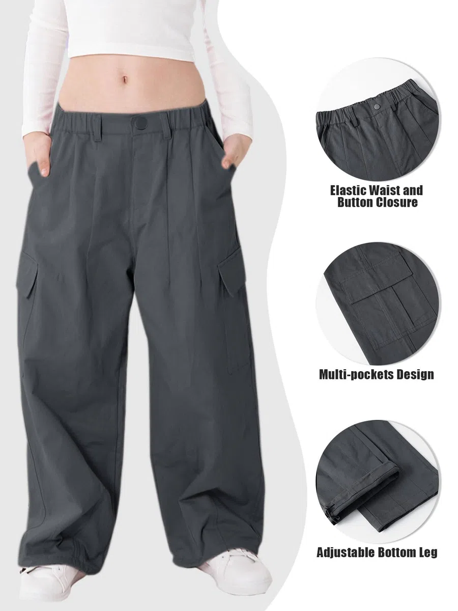 Rolanko Pantaloni Cargo da Ragazza, Pantaloni Larghi in Cotone con Vita Elasticizzata e Tasche Multiple per Bambini di 6-15 Anni