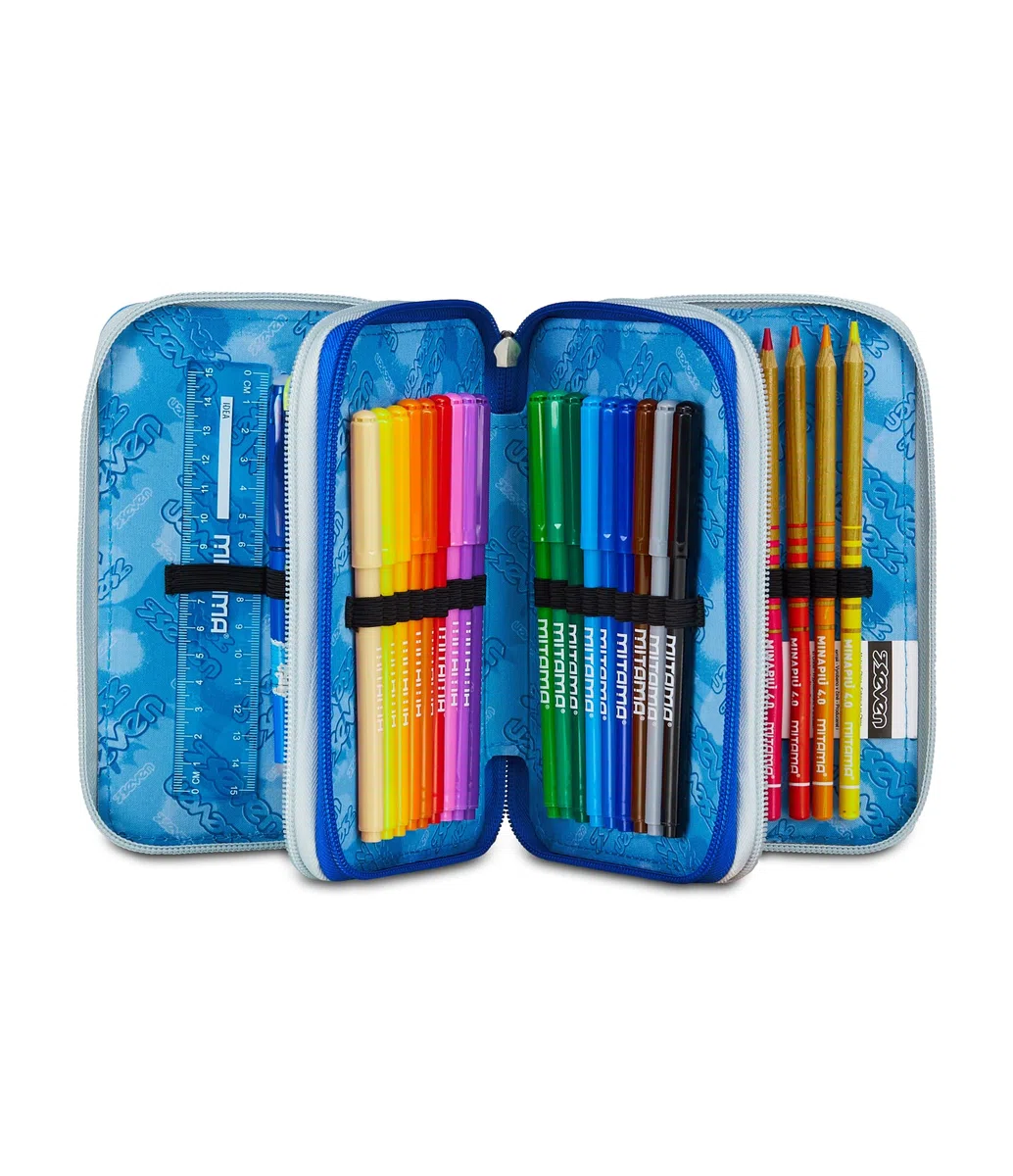 Seven Astuccio Scuola Elementare, 3 scomparti, Medie, con Matite, Pennarelli, Penne, 3 Zip, Hue & Writes, Bambino, Ragazzo, blu