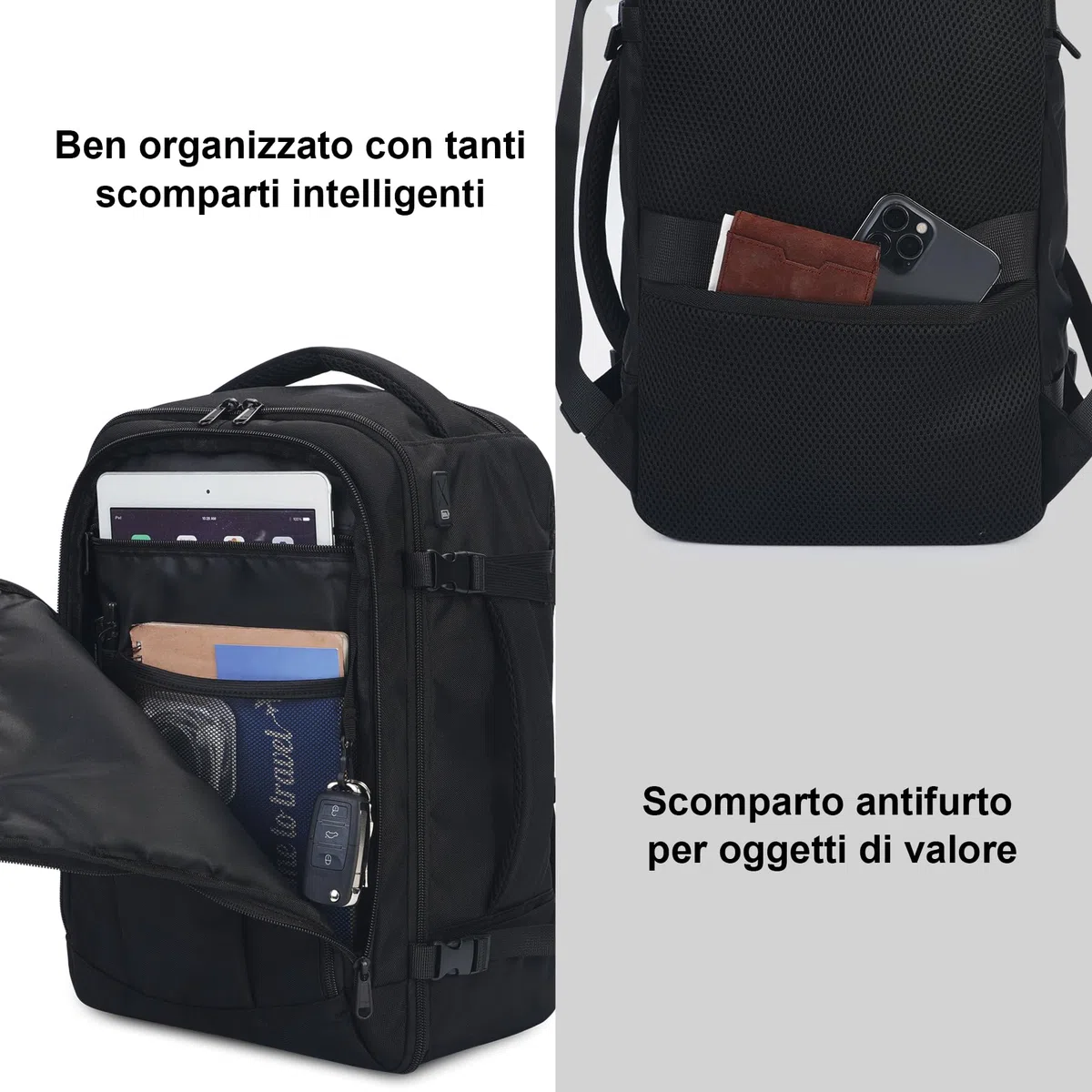 ECOHUB Zaino Ryanair 40x20x25 Zaino da Viaggio 13 Tasche Bagaglio a Mano Zaino Valigia Sotto il Sedile Maniglia Borsa Ryanair Aereo Ecologica in PET Riciclato da 20 Litri, Brevettato(Nero)