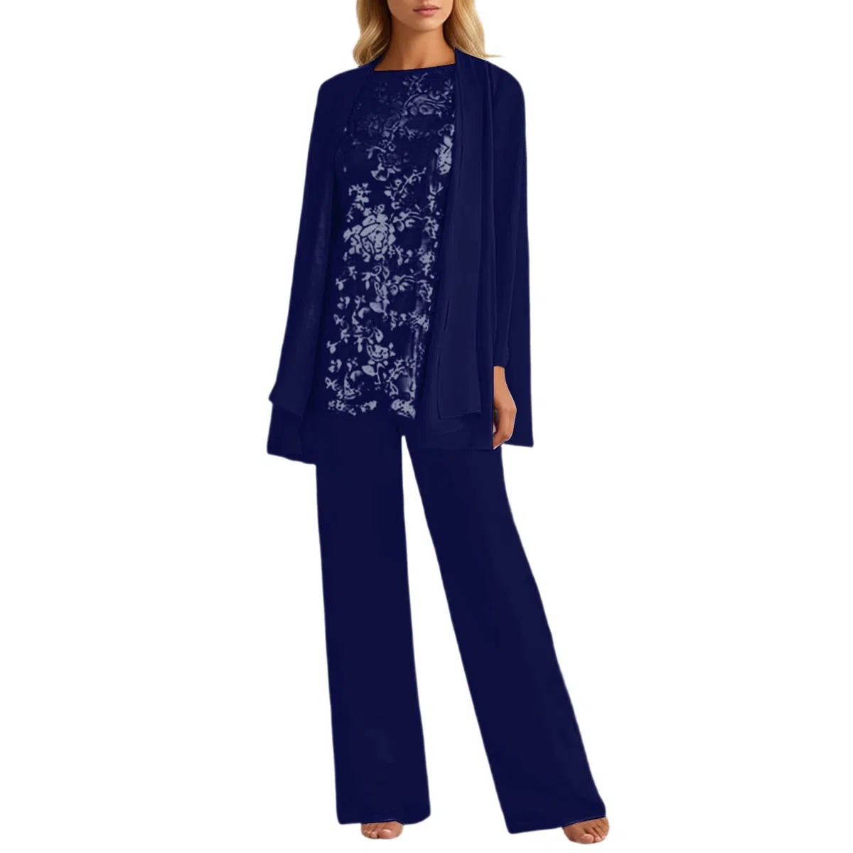 Tuta da donna a 3 pezzi, per il tempo libero, elegante, in pizzo, cardigan a maniche lunghe e pantaloni, in chiffon, per la madre della sposa, per matrimonio, cocktail, elegante abito da