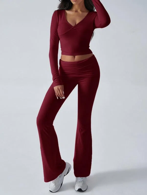 Tuta Donna Casual 2 Pezzi Completo Sportivo Maniche Lunghe Crop Top e Pantaloni a Zampa Tute Scollo a V Slim Fit Lounge Set Elegante per Yoga Palestra Fitness Jogging Outfit Y2K Streetwear