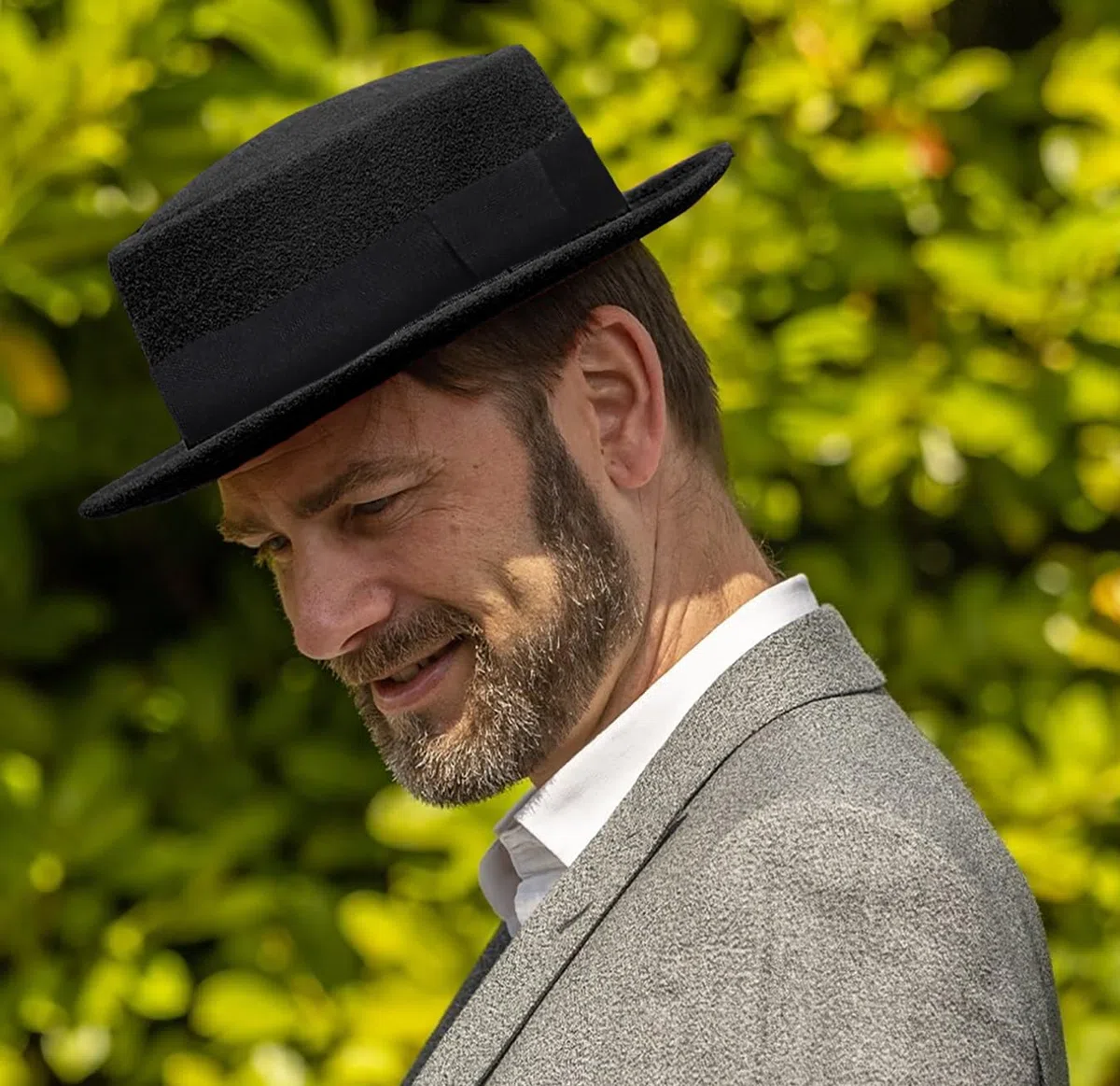 Cappello da uomo piatto Porkpie cappello soffiatore – cappello di lana nera con fascia (S-M)