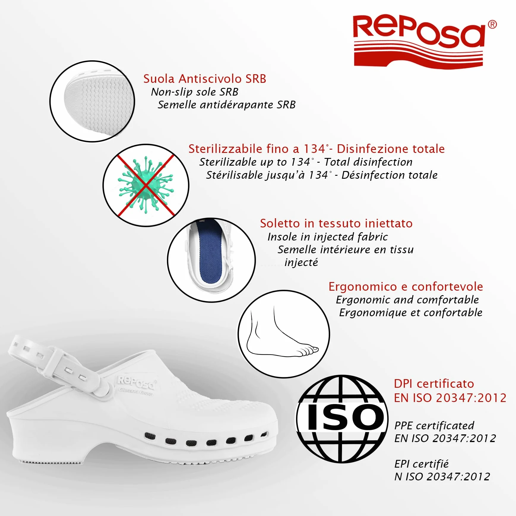 REPOSA Complete - Zoccoli Sanitari Donna e Uomo in Gomma SEBS Senza Lattice, Ciabatte Sanitarie Anatomiche con Laccetto Regolabile, Scarpe Sanitarie Infermieri Sterilizzabili, Antishock e Traspiranti