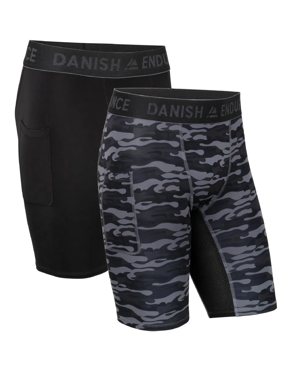 DANISH ENDURANCE Pantaloncini a Compressione, Shorts, Traspiranti e Quick Dry, con Tasca, da Uomo, 2 Paia