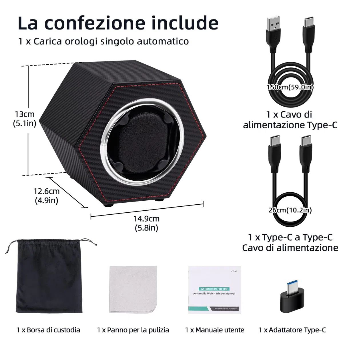 Mcbazel Caricatore automatico per orologio, in pelle PU, per 1 orologio, con motore silenzioso, alimentato tramite USB C