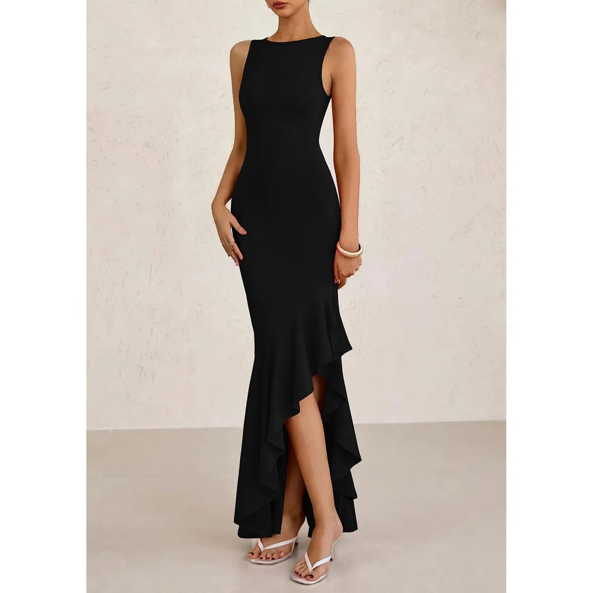 Vestiti da Cerimonia da Donna Maxi Abito da Sera Orlo a Volant Spacco Vestito Lungo Senza Manica Aderente Elegante Vestito da Cocktail Vita Alta Abito da Ballo Partito Festa Banchetto
