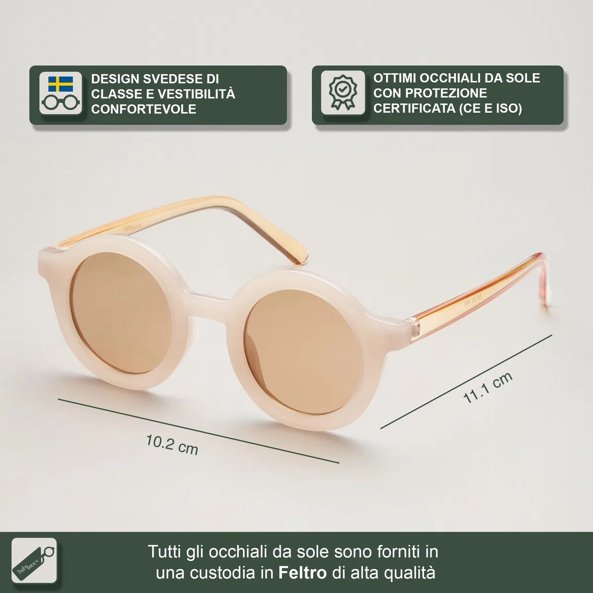 BABYMOCS Occhiali da Sole Bambini 0-1,5 anni I Protezione 100% UV400 Cat. 3 I Montatura in Bioplastica Riciclata Senza BPA I Occhiali Rotondi Neonati I Design Svedese I Incl. Sacchetto Premium