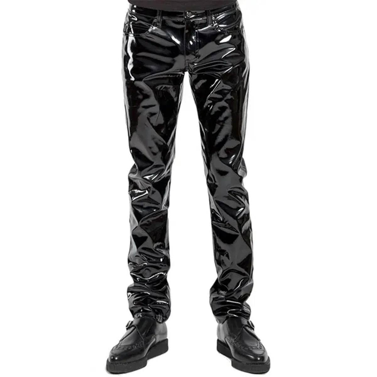 ARESU Pantaloni da Uomo in Ecopelle Neri Pantaloni in Lattice di PVC Lucido Effetto Bagnato Pantaloni da Moto Moda da Strada Clubwear Costume-L-Nero