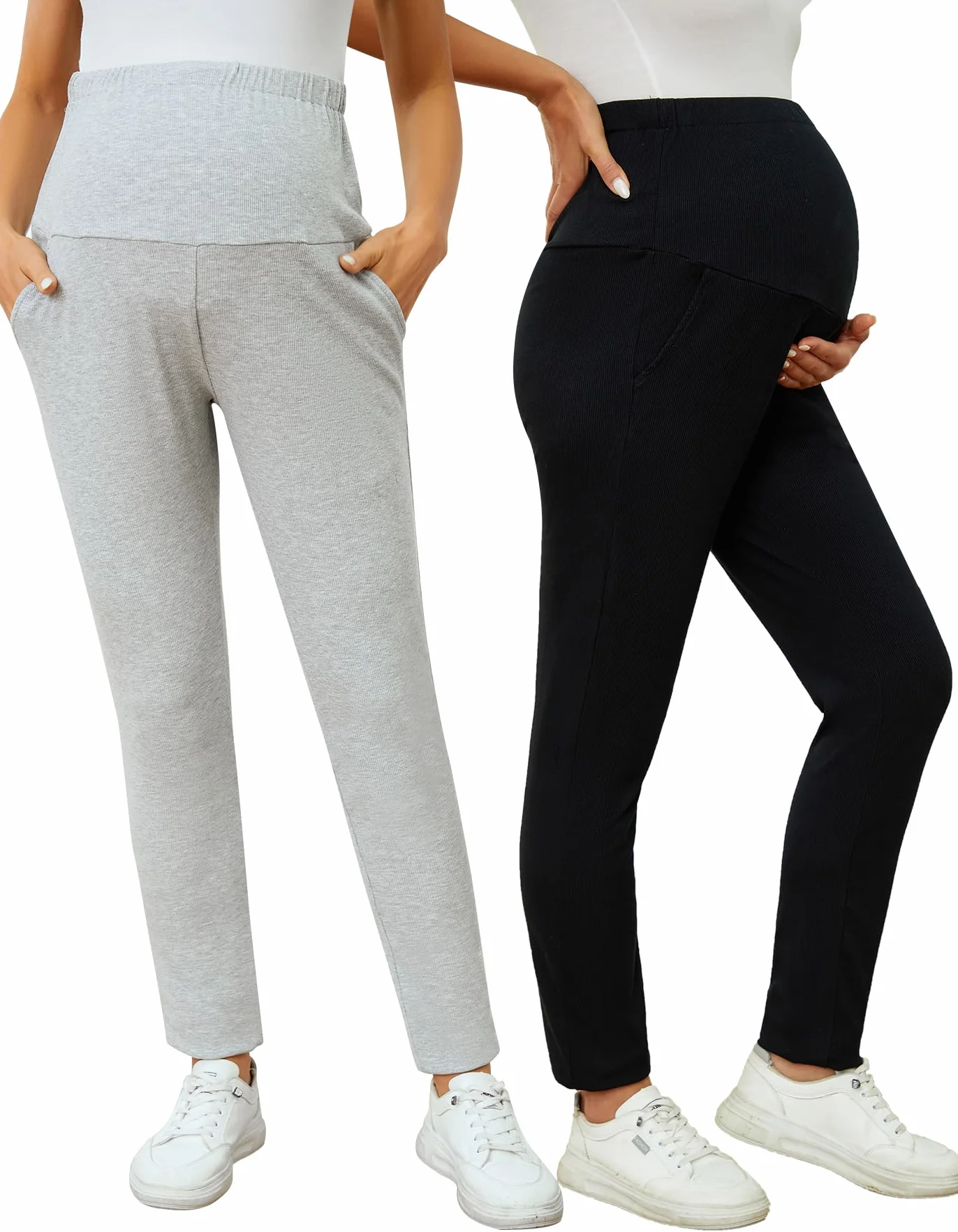 2 Pack Pantaloni Premaman Donna per Lavoro Elasticizzati Leggings Premaman Casual Gravidanza Pantaloni con Tasche