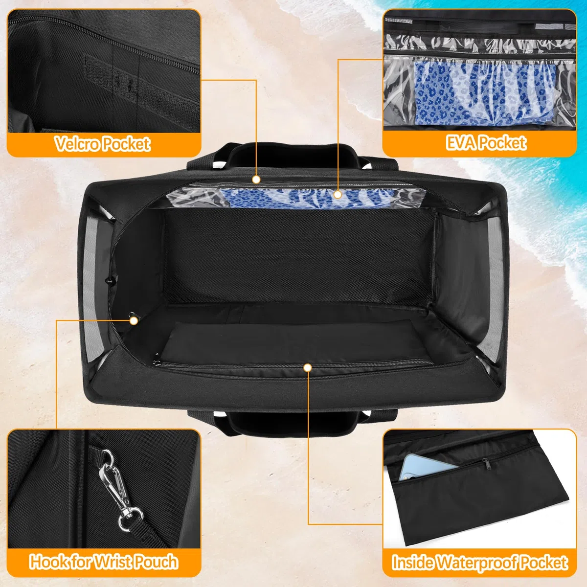Grande Borsa da Spiaggia 45L Borsa Mare Donna Famiglia con Chiusura Zip 50x35x20cm XXL Shopper Weekender Borsone Tote Bag per Shopping Viaggio Picnic