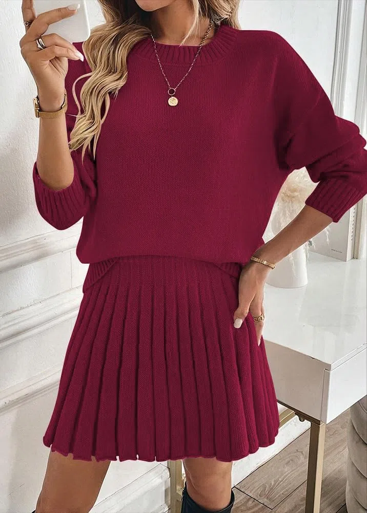 ORANDESIGNE Completo Gonna Plissettata da Donna in 2 Pezzi Abito a Collo Alto e Gonna in Maglia Set 2 Pezzi Vestiti Elegante Vestito in Maglia Gonna A-Line