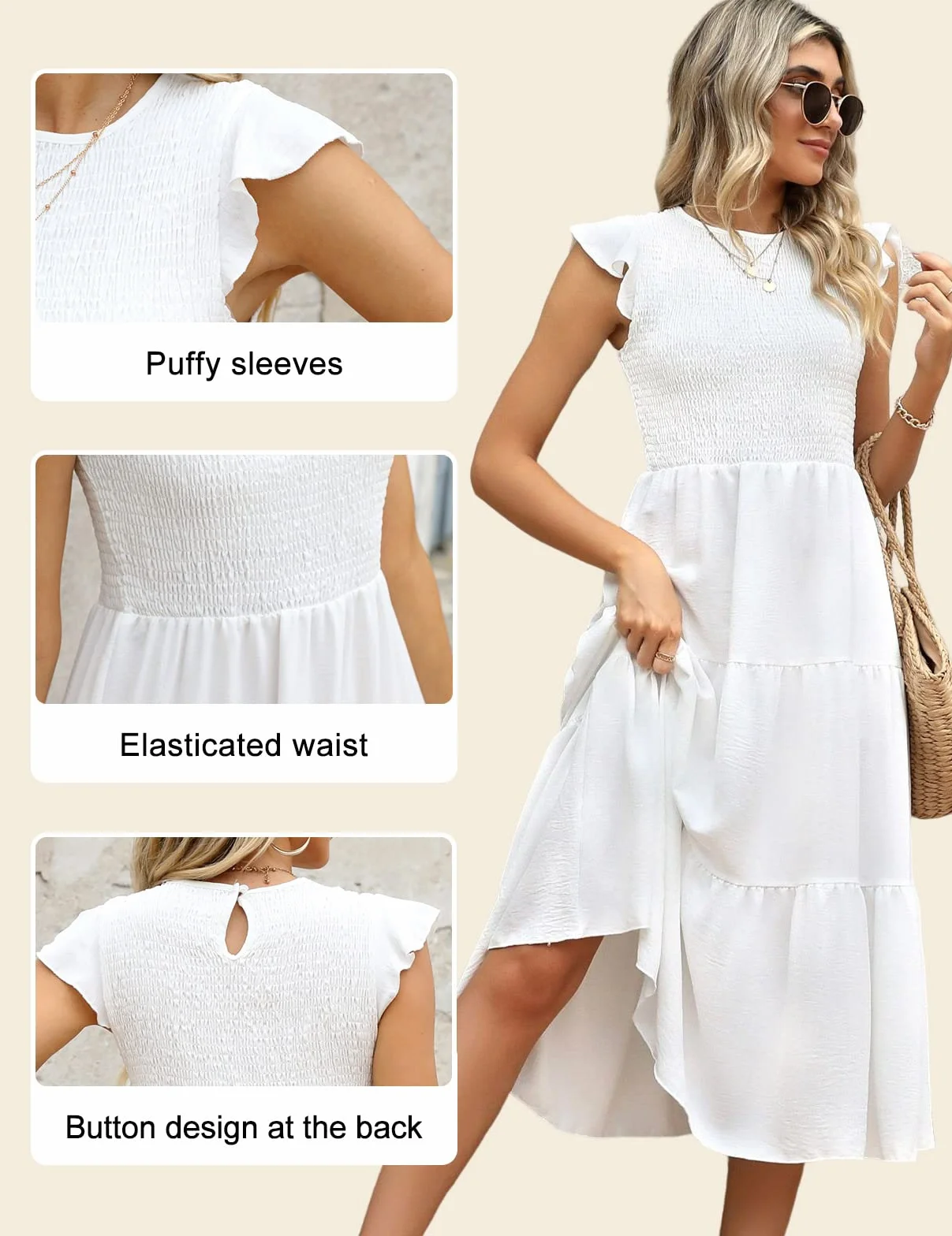 CMTOP Vestito Donna Estivo Abito Lungo Estivo Girocollo Scollo Vestiti con Manica a Volant Casuale Vita Elastica Abiti da Mare Spiaggia Eleganti Tinta Unita Abito di Linea A