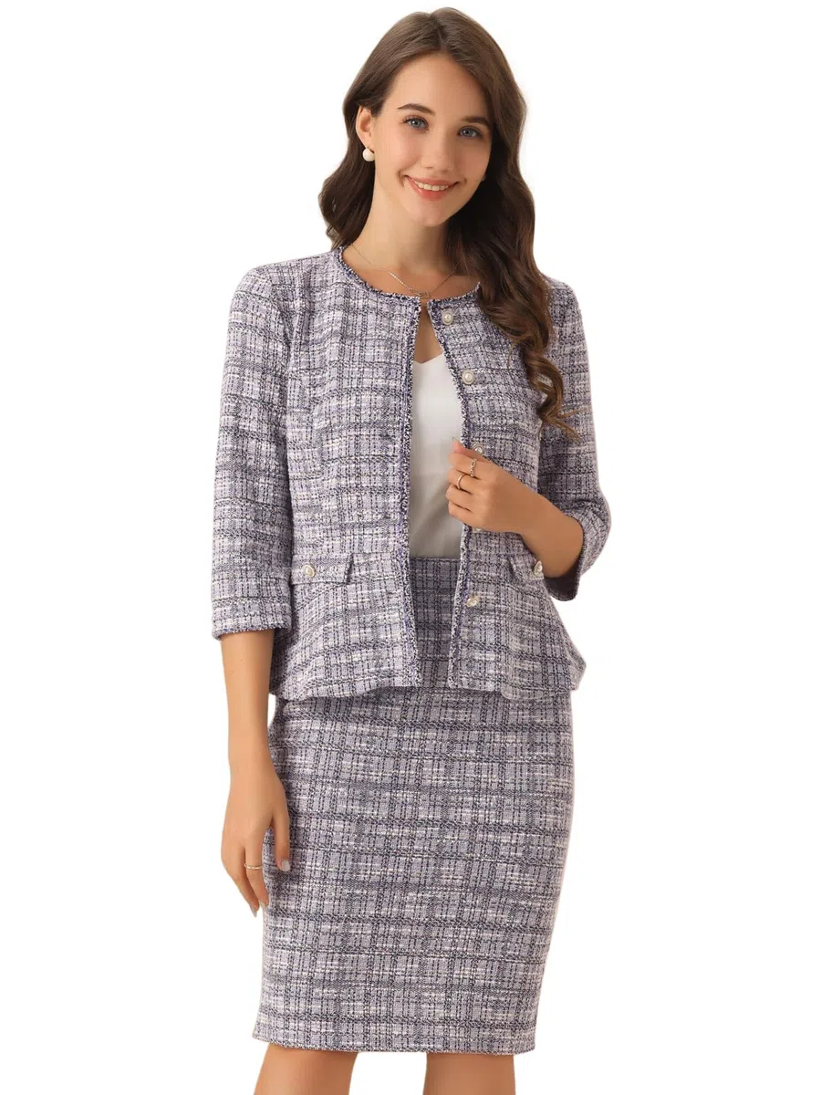 Allegra K Completo da Donna in Tweed Tailleur Gonna 2 Pezzi Giacca Cardigan con Maniche a 3/4 e Bottoni Gonna a Tubino Elegante