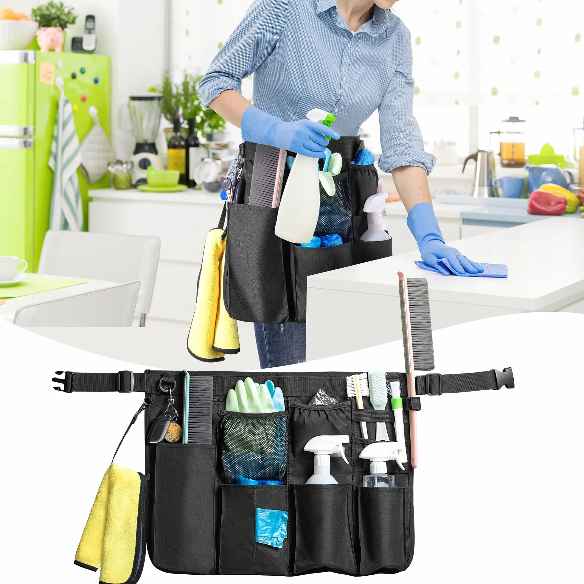LoDrid Grembiule per la pulizia della casa con 9 tasche, borsa professionale per la pulizia con cintura in vita regolabile, grembiule per la pulizia resistente all'acqua, grembiule per lavoro