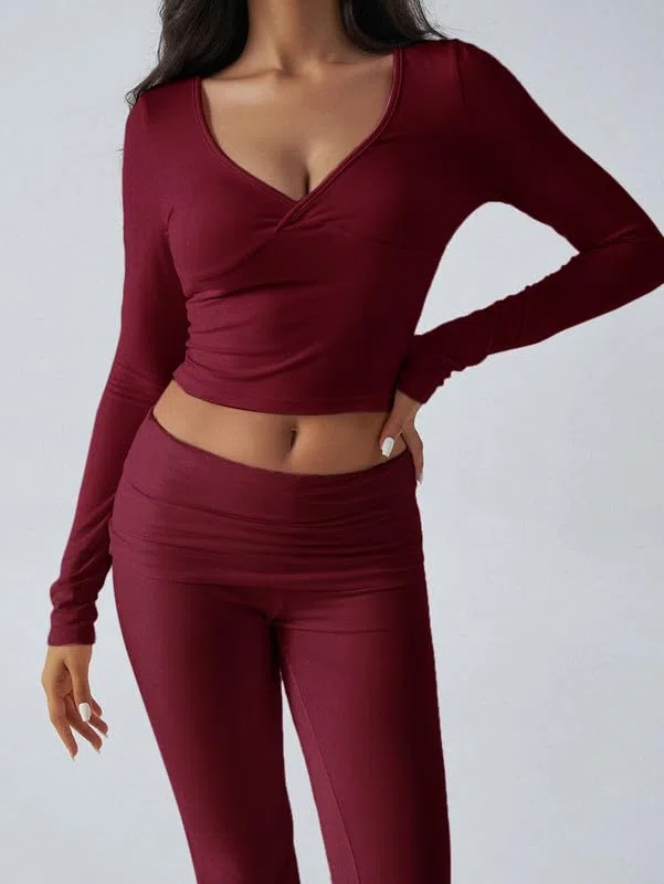 Tuta Donna Casual 2 Pezzi Completo Sportivo Maniche Lunghe Crop Top e Pantaloni a Zampa Tute Scollo a V Slim Fit Lounge Set Elegante per Yoga Palestra Fitness Jogging Outfit Y2K Streetwear