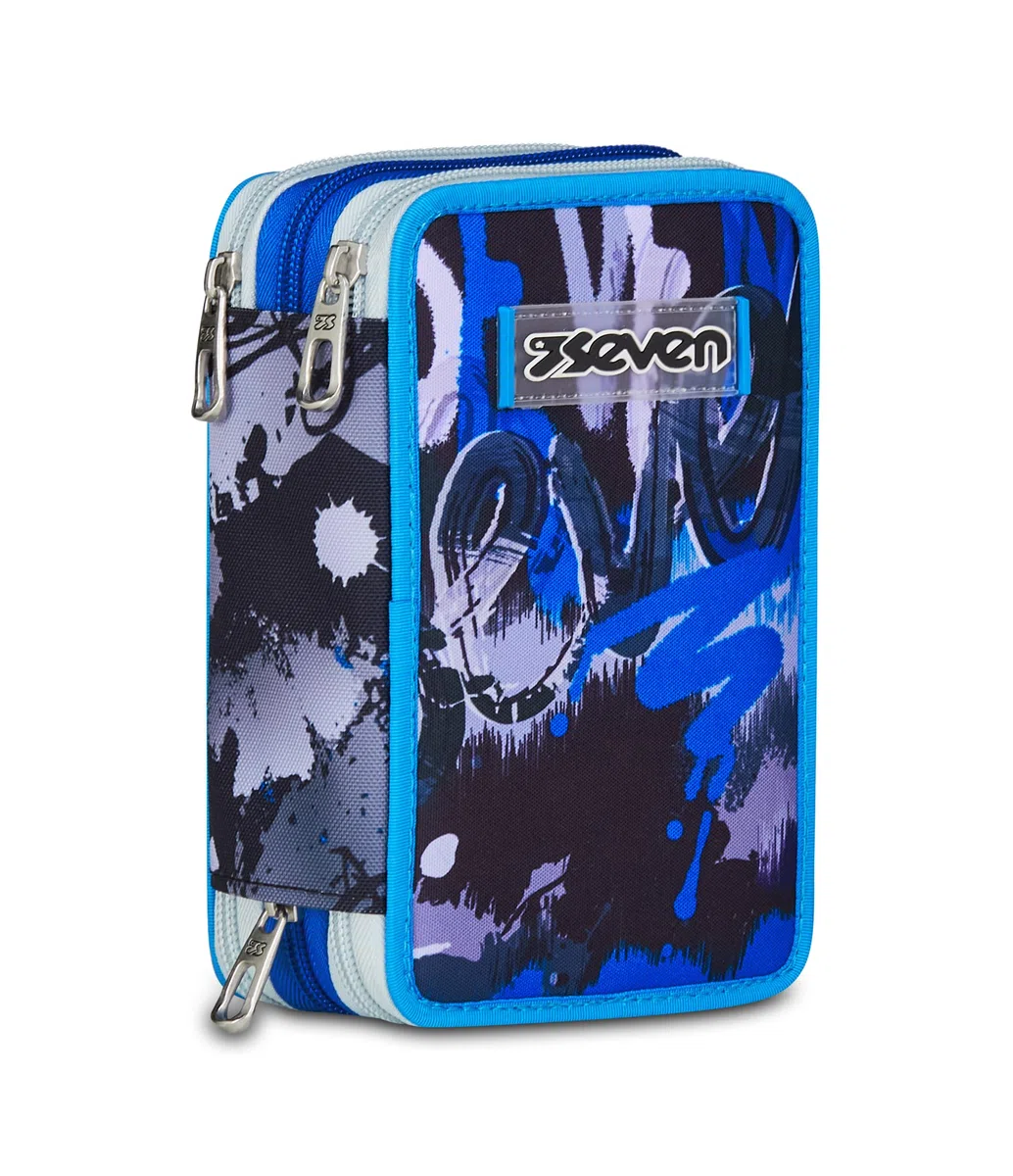 Seven Astuccio Scuola Elementare, 3 scomparti, Medie, con Matite, Pennarelli, Penne, 3 Zip, Hue & Writes, Bambino, Ragazzo, blu