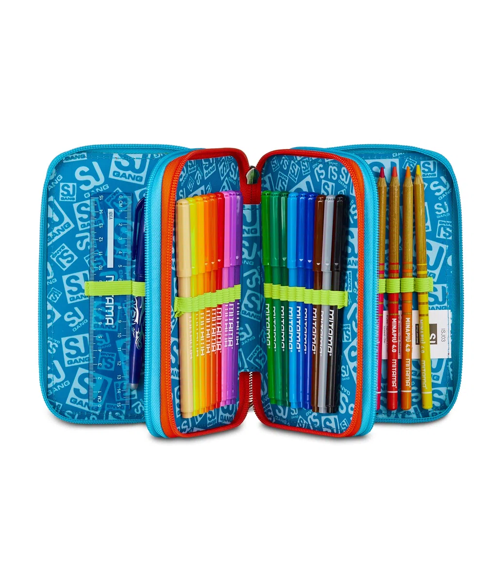 SJ GANG STYLE JAM GANG Astuccio Scuola 3 Zip, Blu, Portapenne Triplo Scomparto Completo Di Penne, Matite, Colori, Accessori Zaino, Scuole Elementari, Bambino