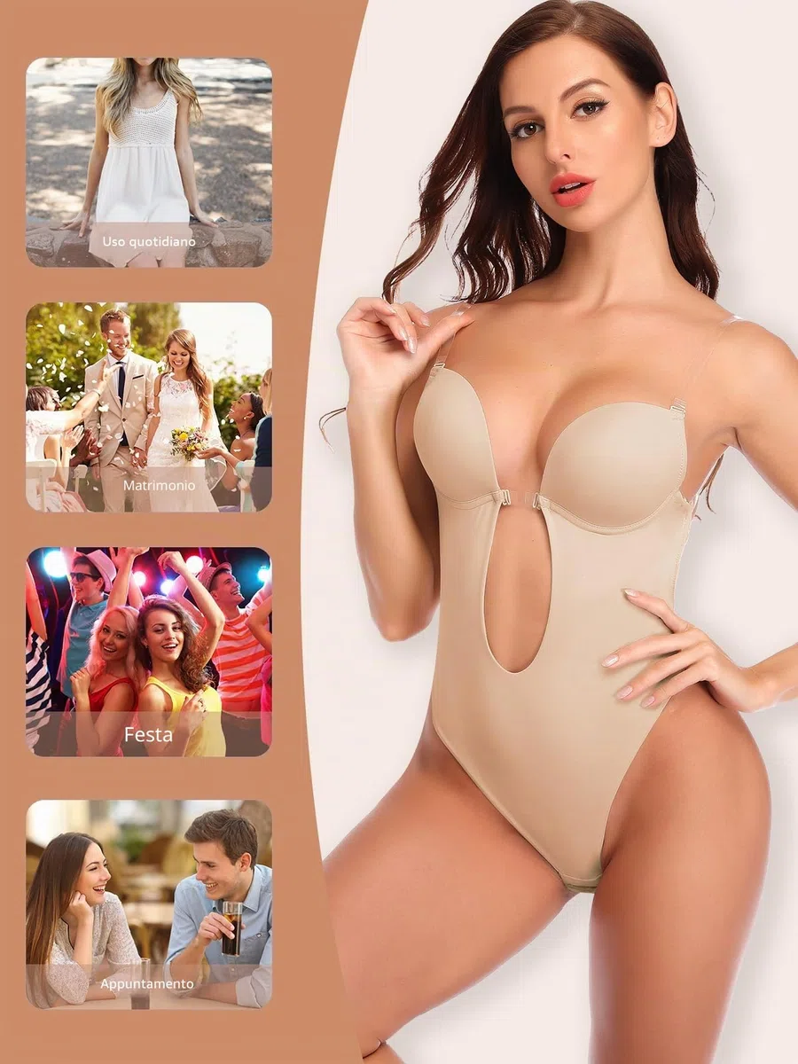 SHAPERIN Body Modellante Donna Senza Schienale Invisible Body con Reggiseno Push Up Bodysuit Shapewear Perizoma