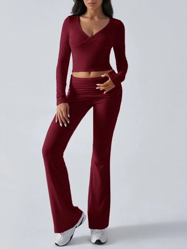 Tuta Donna Casual 2 Pezzi Completo Sportivo Maniche Lunghe Crop Top e Pantaloni a Zampa Tute Scollo a V Slim Fit Lounge Set Elegante per Yoga Palestra Fitness Jogging Outfit Y2K Streetwear