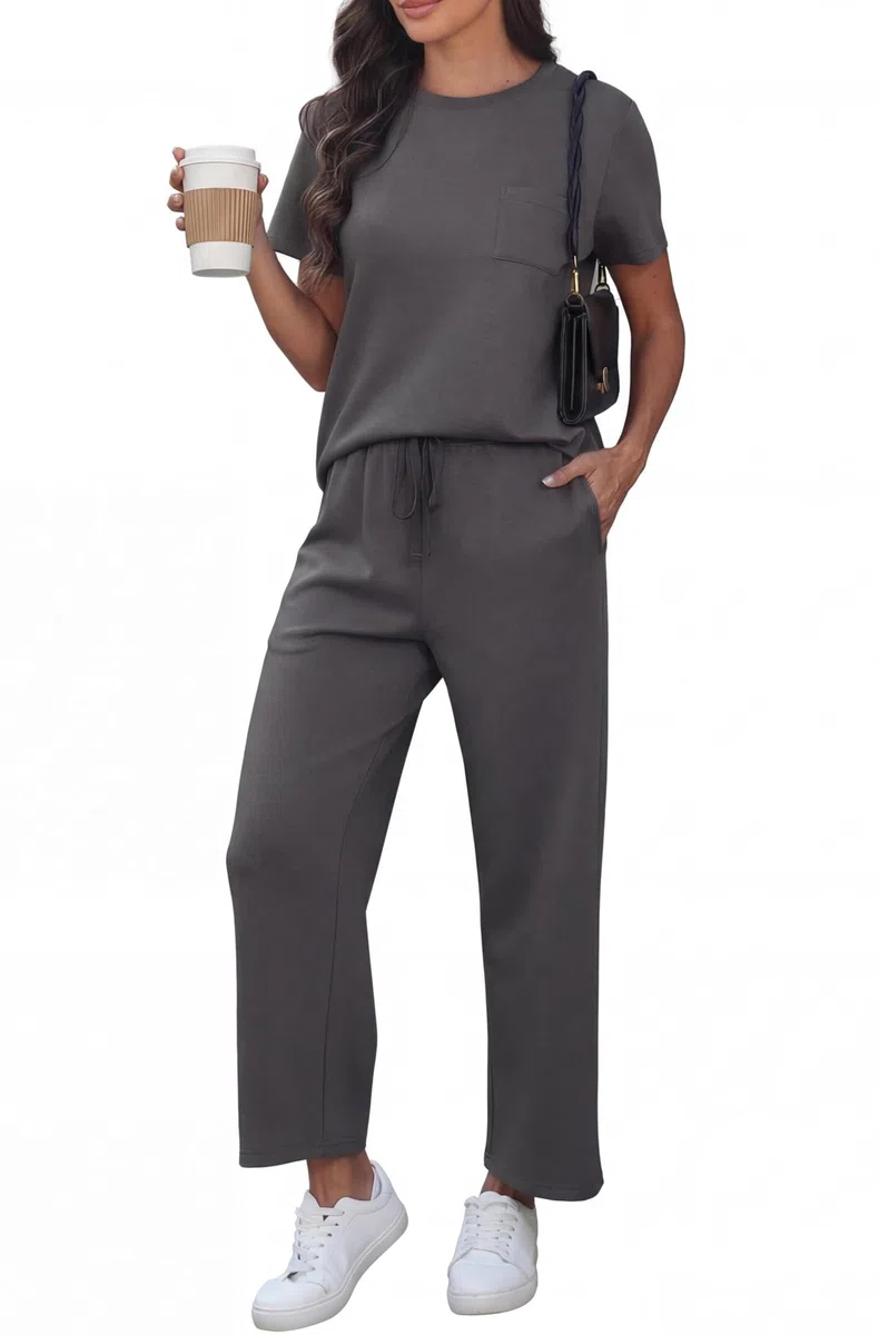 GRECERELLE Tuta da jogging da donna, estiva, a maniche corte, casual, girocollo, tasca sul petto, maglietta e pantaloni da jogging larghi, tuta da allenamento con tasche